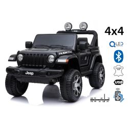 Wrangler JEEP elettrico, nero, Sedile doppio in similpelle, radio con ingresso Bluetooth e USB, unità 4x4, batteria 12V10Ah, ruote EVA, assi di sospensione, telecomando da 2,4 GHz, con licenza