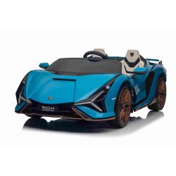 Macchina elettrica per bambini Lamborghini Sian 4X4, blu, 12V, telecomando 2,4 GHz, ingresso USB/AUX, Bluetooth, sospensioni, porte ad apertura verticale, ruote morbide in EVA, luci LED, licenza ORIGINALE