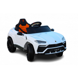 Corsa elettrica su auto Lamborghini URUS, bianco, con licenza originale, alimentazione a batteria, sportelli ad apertura verticale, 2x motore, batteria da 12 V, telecomando da 2,4 Ghz, ruote in EVA morbide, sospensione, avvio regolare