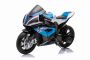 Moto elettrica BMW HP4 RACE 12V, con licenza, blu, batteria 12V, ruote morbide EVA, motori 2 x 35W, sospensioni, telaio in metallo, forcella in metallo, ruote ausiliarie